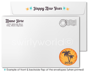 Retro Beach-Themed Happy New Year Greeting Card with Vintage Typography, Sunset, and Tropical Palm Tree Design