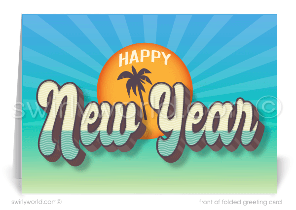 Send peaceful vibes with Retro Beach-Themed New Year Cards! 1960s-70s style, vintage typography, sunset, palm tree, & tranquil ocean for a groovy celebration.