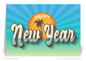 Send peaceful vibes with Retro Beach-Themed New Year Cards! 1960s-70s style, vintage typography, sunset, palm tree, & tranquil ocean for a groovy celebration.