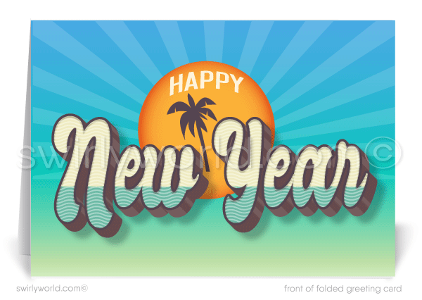 Ring in the New Year with these tropical palm tree beachy retro style Happy New Year cards!