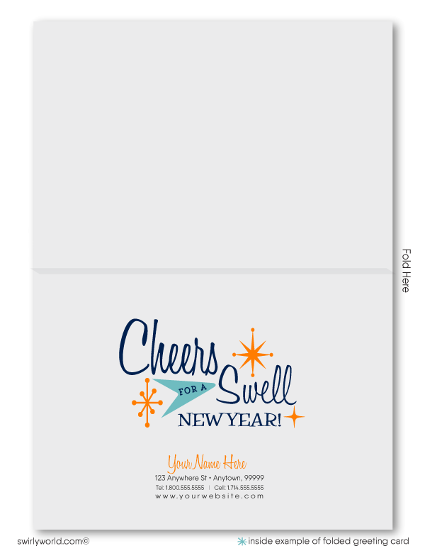 Cheers to the New Year with these atomic mid-century modern retro style Happy New Year cards!