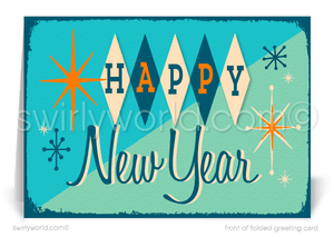 Cheers to the New Year with these atomic mid-century modern retro style Happy New Year cards!