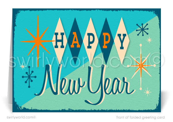 Cheers to the New Year with these atomic mid-century modern retro style Happy New Year cards!