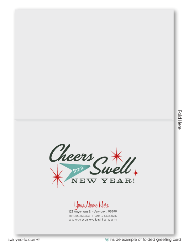 Celebrate the New Year with retro 1950s-60s cards featuring starbursts, retro typography, and a teal blue & red MCM color palette. Perfect for vintage style lovers!