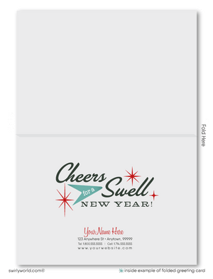 Retro Mid-Century Modern Happy New Year Card – 1950s-60s Atomic Era Design with Teal Blue & Red Color Palette