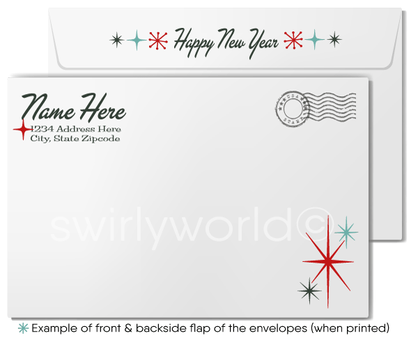 Retro Mid-Century Modern Happy New Year Card – 1950s-60s Atomic Era Design with Teal Blue & Red Color Palette