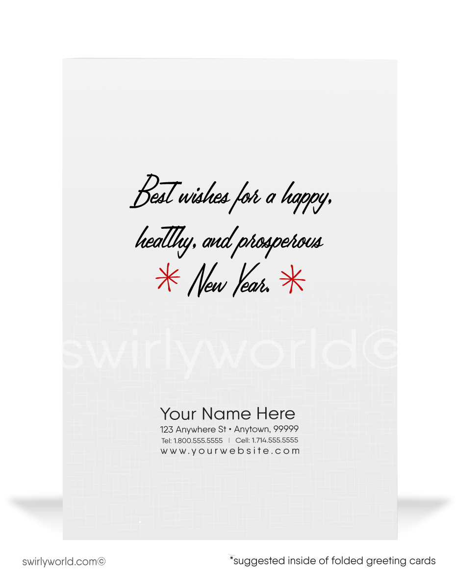 Celebrate the Roaring Twenties with our Art Deco New Year's Eve Card! Elegant couple, retro starbursts, and a bold red backdrop set the scene for midnight magic.