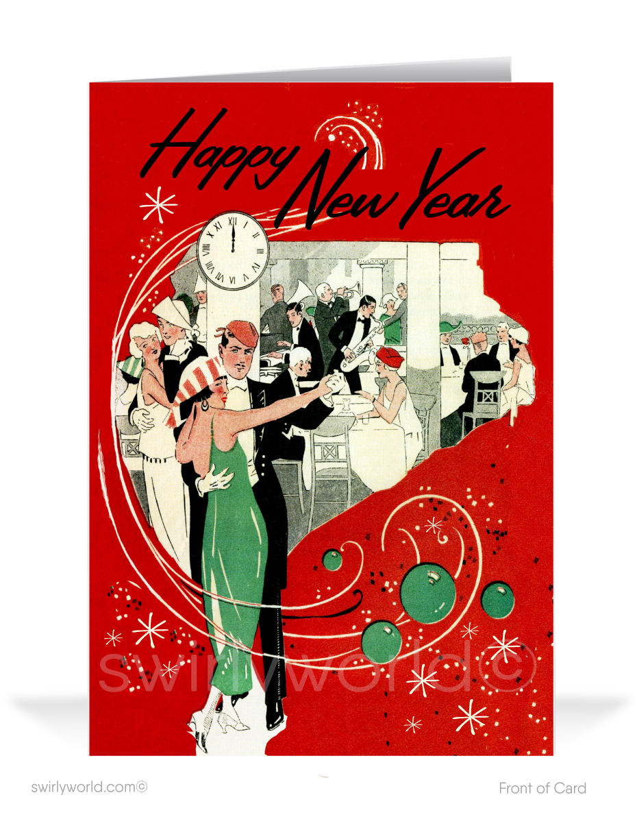 Celebrate the Roaring Twenties with our Art Deco New Year's Eve Card! Elegant couple, retro starbursts, and a bold red backdrop set the scene for midnight magic.