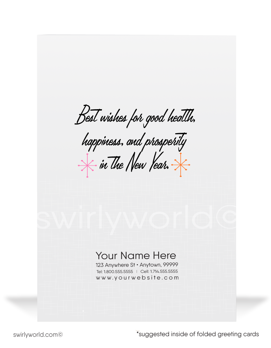 Celebrate in retro style! Our 1960s-inspired Happy New Year Clock Greeting Card features a charming cartoon clock, vintage typography, and colorful starbursts.