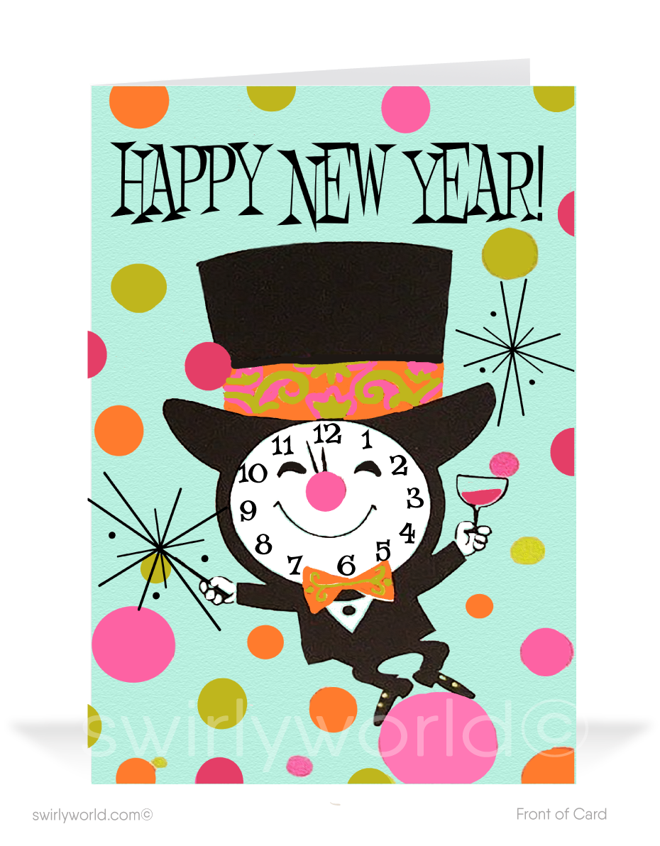 Celebrate in retro style! Our 1960s-inspired Happy New Year Clock Greeting Card features a charming cartoon clock, vintage typography, and colorful starbursts.
