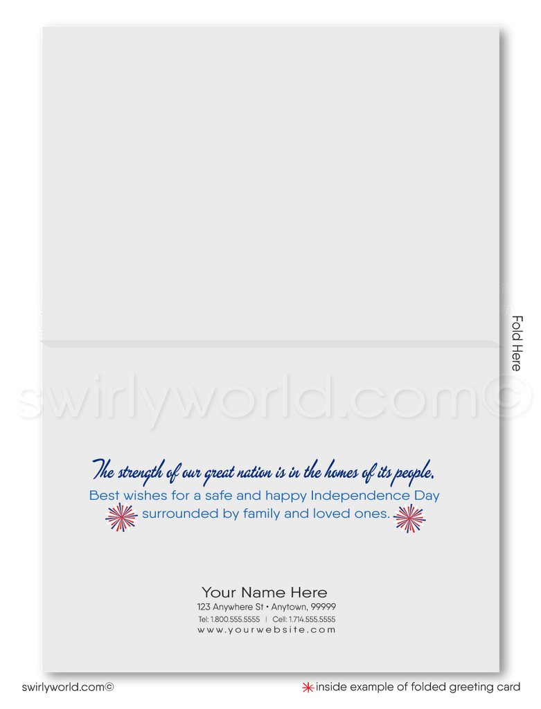 Patriotic American Neighborhood of Houses with fireworks celebrate Independence Day; happy 4th of July greeting card marketing for Realtors®.