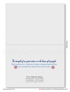 Patriotic American Neighborhood of Houses with fireworks celebrate Independence Day; happy 4th of July greeting card marketing for Realtors®.