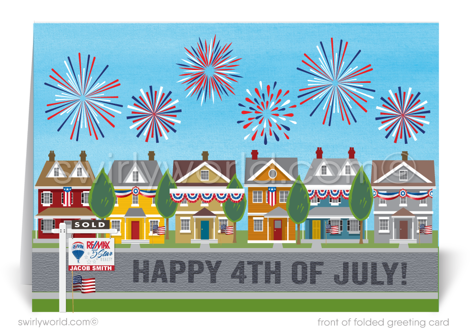 Patriotic American Neighborhood of Houses with fireworks celebrate Independence Day; happy 4th of July greeting card marketing for Realtors®.