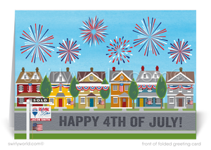 Patriotic American Neighborhood of Houses with fireworks celebrate Independence Day; happy 4th of July greeting card marketing for Realtors®.