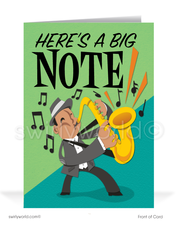 A stylish jazz musician plays a saxophone, with musical notes emanating outward, on the image of this thank you card. Printed and delivered to your doorstep!