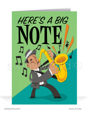 A stylish jazz musician plays a saxophone, with musical notes emanating outward, on the image of this thank you card. Printed and delivered to your doorstep!