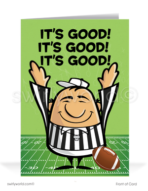 "It's Good Having You As A Customer" Cartoon Football Referee Humorous Thank You Cards for Clients