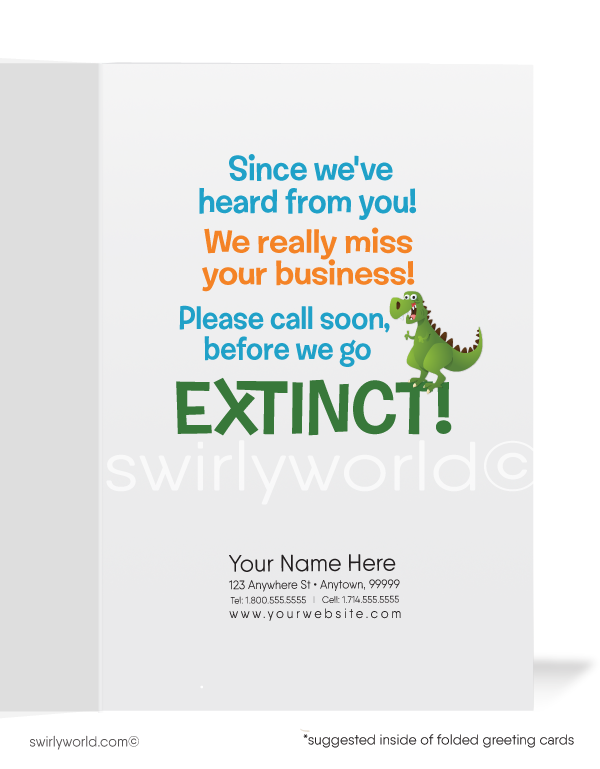 Funny Dinosaur "We Miss You" Prospecting Marketing Sales Cards for Customers