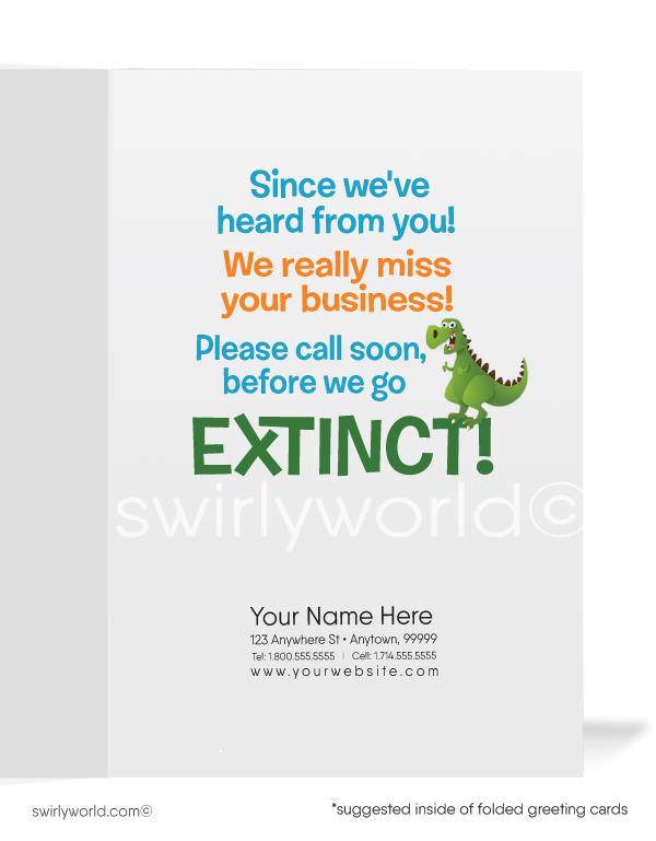 Funny Dinosaur "We Miss You" Prospecting Marketing Sales Cards for Customers. Funny Cartoon Prospecting New Business Customer Cards. Harrison Greeting cards. Harrison Publishing Company customer cards. We miss your business.