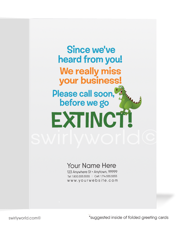 Funny Dinosaur "We Miss You" Prospecting Marketing Sales Cards for Customers. Funny Cartoon Prospecting New Business Customer Cards. Harrison Greeting cards. Harrison Publishing Company customer cards. We miss your business.