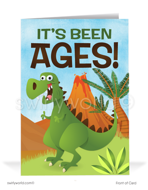 Funny Dinosaur "We Miss You" Prospecting Marketing Sales Cards for Customers. Funny Cartoon Prospecting New Business Customer Cards. Harrison Greeting cards. Harrison Publishing Company customer cards. We miss your business.