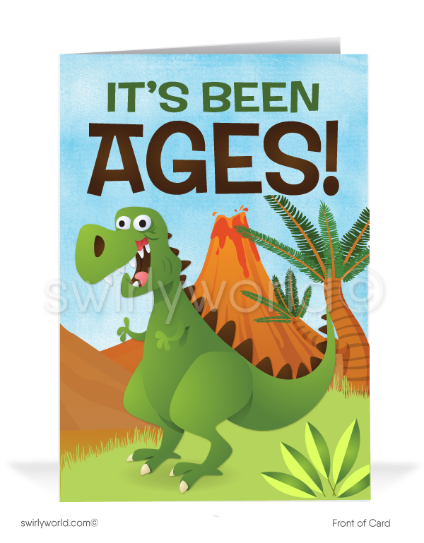 Funny Dinosaur "We Miss You" Prospecting Marketing Sales Cards for Customers. Funny Cartoon Prospecting New Business Customer Cards. Harrison Greeting cards. Harrison Publishing Company customer cards. We miss your business.