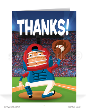 Cartoon Catcher Baseball "Throw Your Business My Way" Thank You Cards for Customers