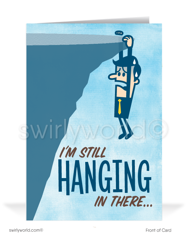 Funny Prospecting Salesman Hanging From Cliff Cards for Customers