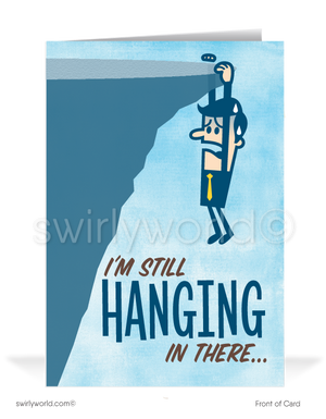 Funny Prospecting Salesman Hanging From Cliff Cards for Customers