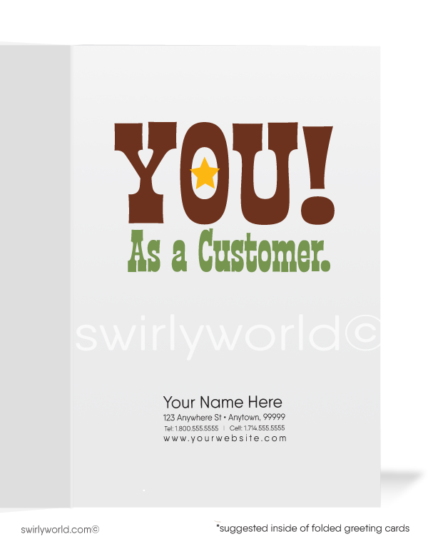 Funny Marketing Humorous Wanted Sheriff Cowboy Sales Promotion Prospecting for Business Customers.Funny Cartoon Prospecting New Business Customer Cards. Harrison Greeting cards. Harrison Publishing Company customer cards. We miss your business.