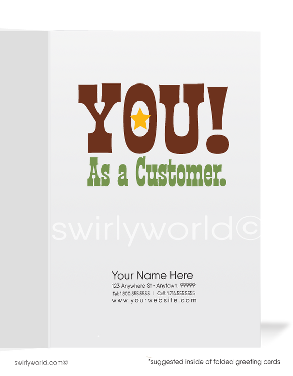Funny Marketing Humorous Wanted Sheriff Cowboy Sales Promotion Prospecting for Business Customers.Funny Cartoon Prospecting New Business Customer Cards. Harrison Greeting cards. Harrison Publishing Company customer cards. We miss your business.