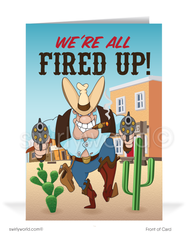 Funny Marketing Humorous Outlaw Sheriff Cowboy Sales Promotion Prospecting for Business Customers. Funny Cartoon Prospecting New Business Customer Cards. Harrison Greeting cards. Harrison Publishing Company customer cards. We miss your business.