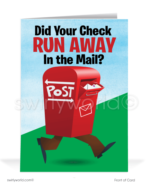 Funny Running Mailbox Past-Due Bill Collection Greeting Cards.