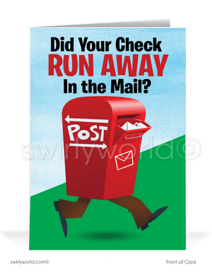 Funny Running Mailbox Past-Due Bill Collection Greeting Cards.