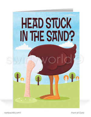 Funny Ostrich Head Stuck in the Sand Past-Due Bill Collection Greeting Cards.