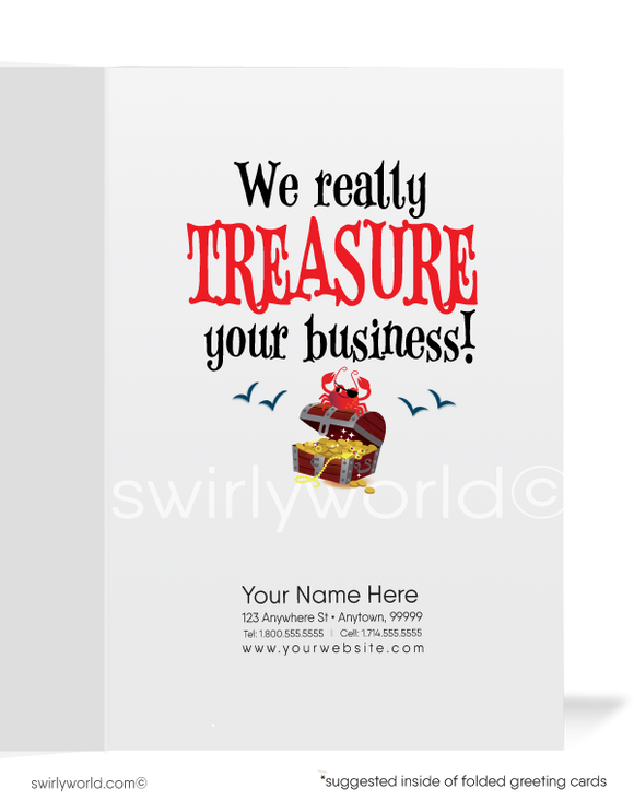 These Pirate-themed 'ARRRRR'-saying Thank You Cards make it effortless to express appreciation to your faithful customers. The distinct cartoon style and amusing message will ensure a lasting feeling of gratitude. Let them know you value their business with these convenient pre-printed and shipped cards.