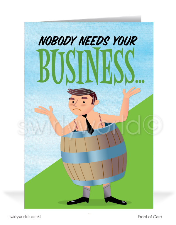 Cartoon Funny Businessman in Barrel Begging For Business Prospecting Cards for Customers