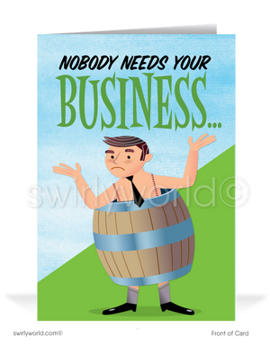 Cartoon Funny Businessman in Barrel Begging For Business Prospecting Cards for Customers