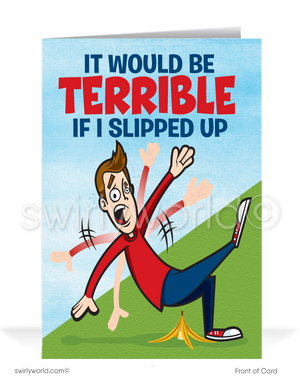 Funny Humorous Guy Slipping on Banana Business Birthday Cards