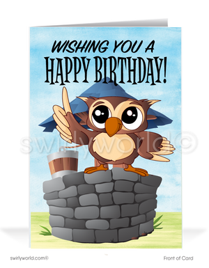 Cute Owl on Wishing Well Business Happy Birthday Cards for Clients