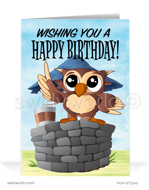 Cute Owl on Wishing Well Business Happy Birthday Cards for Clients