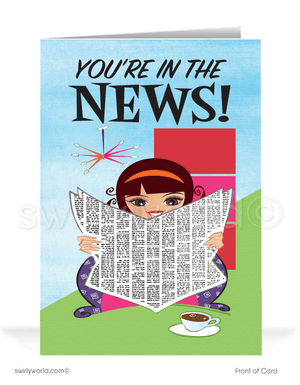 Funny Congratulations You're in the News Cartoon Cards for Business Customers.