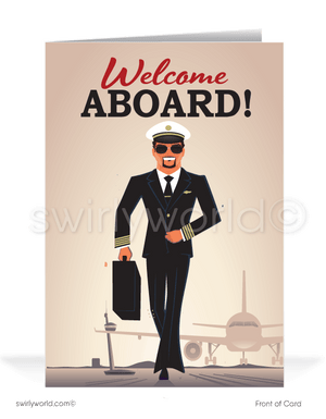 Pilot in Airport Welcome Aboard It's Great Having You As A New Client Greeting Cards.