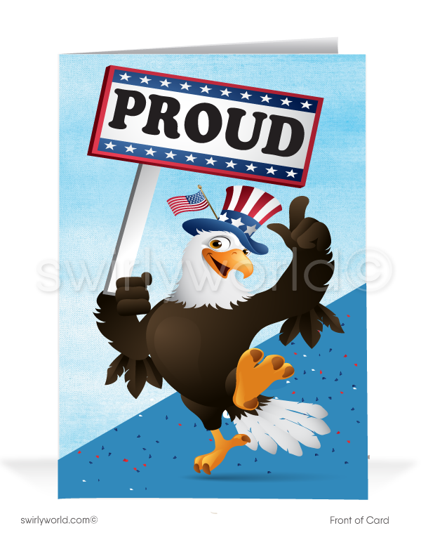 Cartoon American Eagle With Patriotic Sign "PROUD" for your Business Thank You Cards