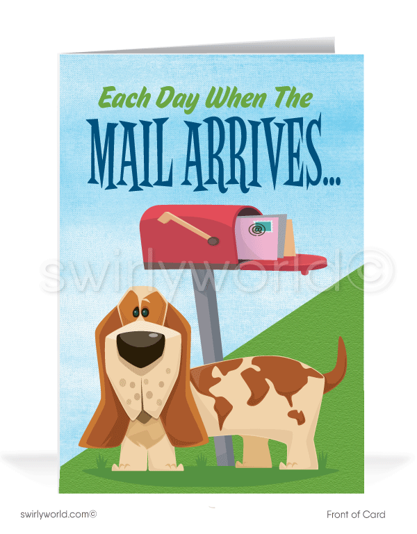 Funny Humorous Dog at Mailbox Waiting on Past-Due Bill Collection Cards.