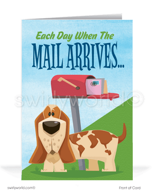 Funny Humorous Dog at Mailbox Waiting on Past-Due Bill Collection Cards.