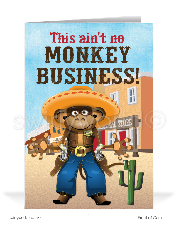 Monkey Cartoon Cowboy Prospecting New Customers Business Cards