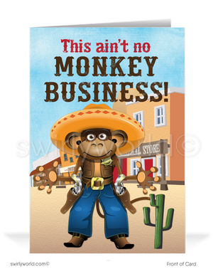 Monkey Cartoon Cowboy Prospecting New Customers Business Cards