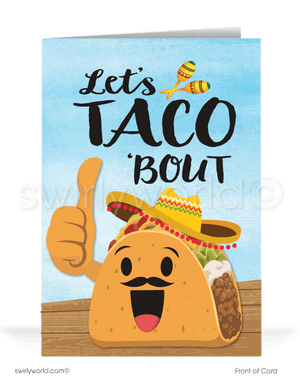 Let's TACO about how awesome you are! Funny Cartoon Taco Fiesta Congratulations You're Totally Awesome! Cartoon taco with mustache and sombrero.