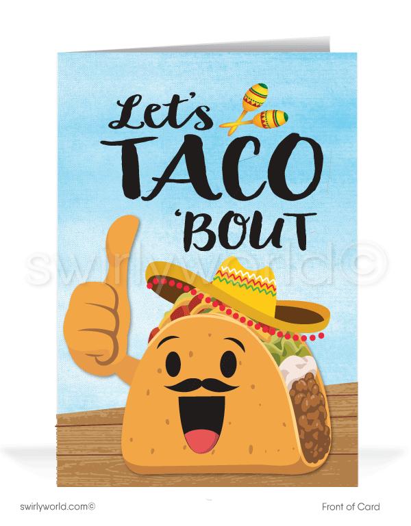 Let's TACO about how awesome you are! Funny Cartoon Taco Fiesta Congratulations You're Totally Awesome! Cartoon taco with mustache and sombrero.